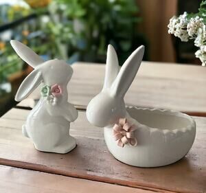 2 Rabbit Bunny Spring Easter Figurines Floral White Ivory Candy Dish Home Decor